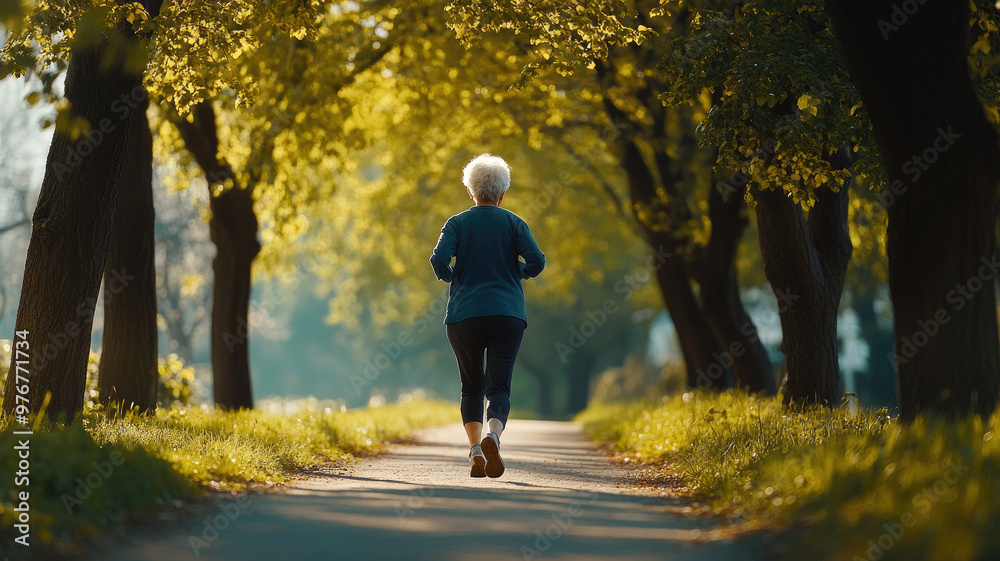 Obraz premium Elderly woman jogging on a tree-lined path embracing a healthy and active lifestyle