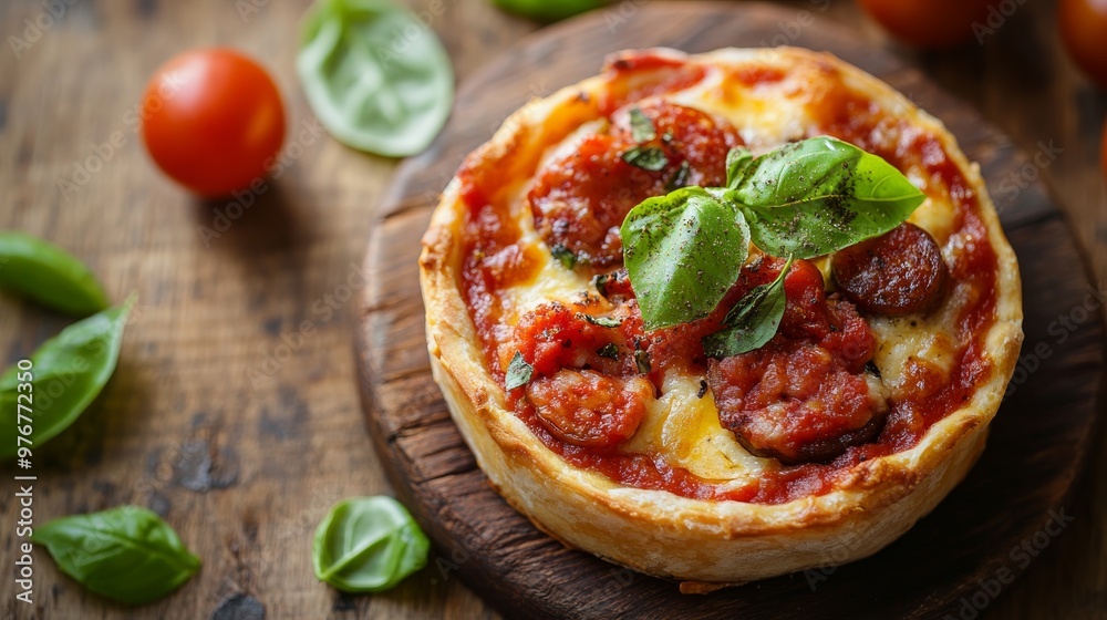 27. High-angle view of a wooden table with a homemade mini deep-dish pizza, showcasing layers of sausage, cheese, and tomato sauce, garnished with fresh basil leaves 27. High-angle view of a wooden table with a homemade mini deep-dish pizza, showcasing layers of sausage, cheese, and tomato sauce, garnished with fresh basil leaves
