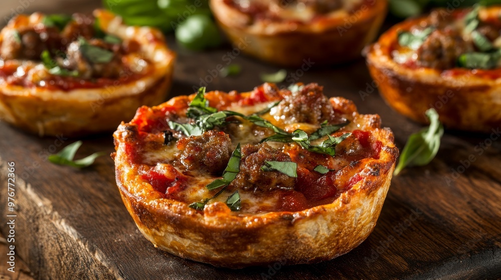 28. Delicious mini Chicago-style deep-dish pizza topped with sausage, gooey cheese, and vibrant tomato sauce, with a garnish of fresh basil on a rustic wooden board 28. Delicious mini Chicago-style deep-dish pizza topped with sausage, gooey cheese, and vibrant tomato sauce, with a garnish of fresh basil on a rustic wooden board