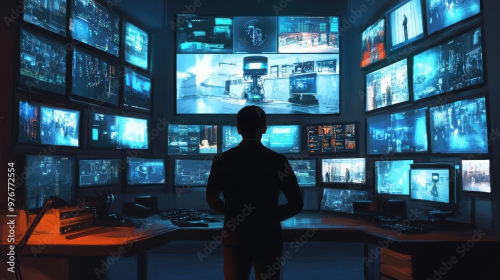 A security guard monitoring surveillance cameras in a control room. A security guard monitoring surveillance cameras in a control room.