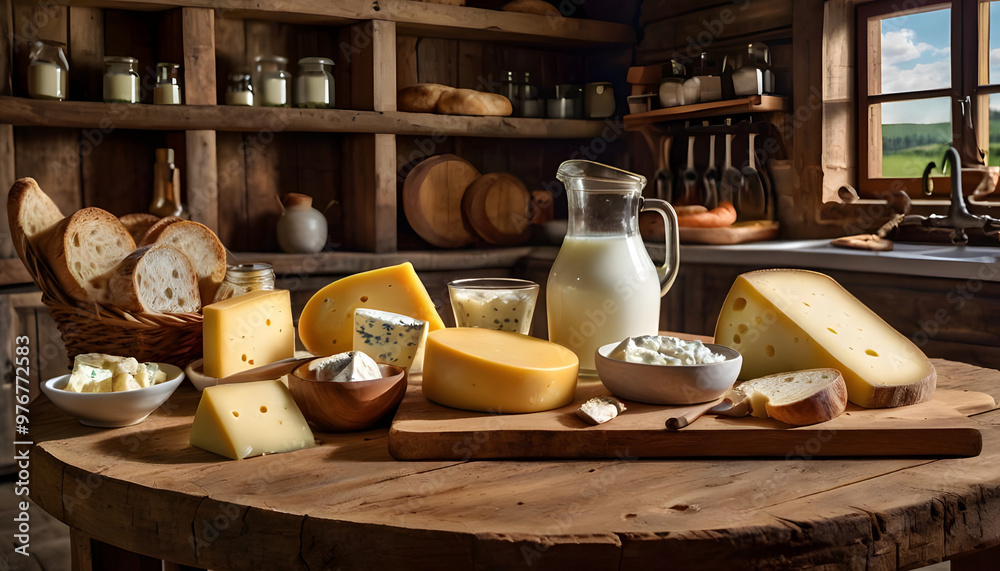 Wooden Table with Assorted Cheeses, Sliced Bread, Milk Bottles and Glasses Dairy Farm or Farmhouse Scene Wooden Table with Assorted Cheeses, Sliced Bread, Milk Bottles and Glasses Dairy Farm or Farmhouse Scene