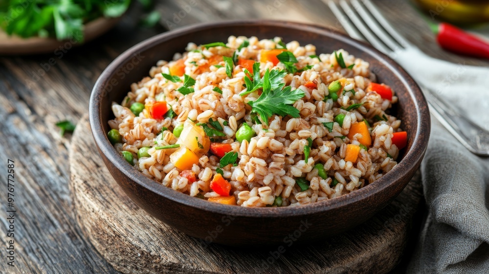 34. Bowl of tender organic farro grain, served with sauteed vegetables and a sprinkle of herbs, displayed on a rustic wooden board with a fork and napkin 34. Bowl of tender organic farro grain, served with sauteed vegetables and a sprinkle of herbs, displayed on a rustic wooden board with a fork and napkin
