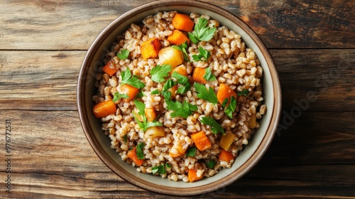 32. High-angle view of a wholesome dinner featuring a bowl of steaming organic farro grain, topped with roasted vegetables and fresh parsley, placed on a wooden surface