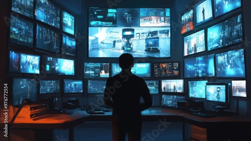 A security guard monitoring surveillance cameras in a control room.