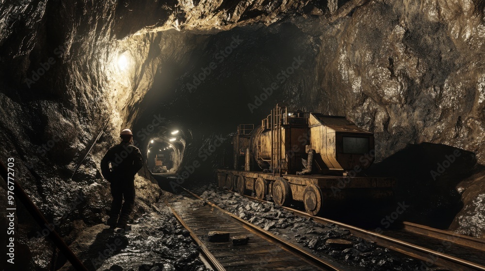 Naklejka premium A miner working deep underground, surrounded by rock and machinery.