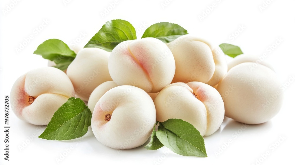 37. High-resolution image of several white peaches with leaves, arranged artistically on a pure white background with clipping path 37. High-resolution image of several white peaches with leaves, arranged artistically on a pure white background with clipping path