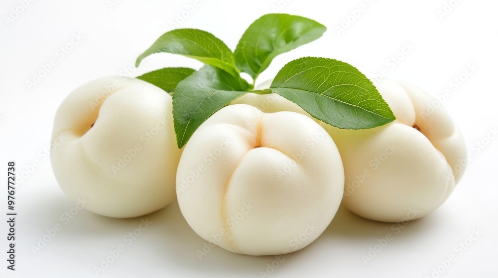 38. Detailed shot of white peaches with fresh green leaves, perfectly isolated on a white background, showcasing their smooth skin and natural color 38. Detailed shot of white peaches with fresh green leaves, perfectly isolated on a white background, showcasing their smooth skin and natural color