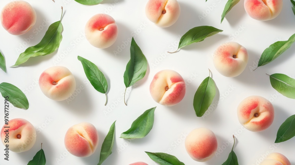 39. Collection of ripe white peaches with green leaves, placed neatly on a white background, with each fruit highlighted for detail 39. Collection of ripe white peaches with green leaves, placed neatly on a white background, with each fruit highlighted for detail