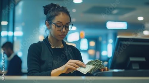 A bank teller counting money at a counter in a busy bank branch.