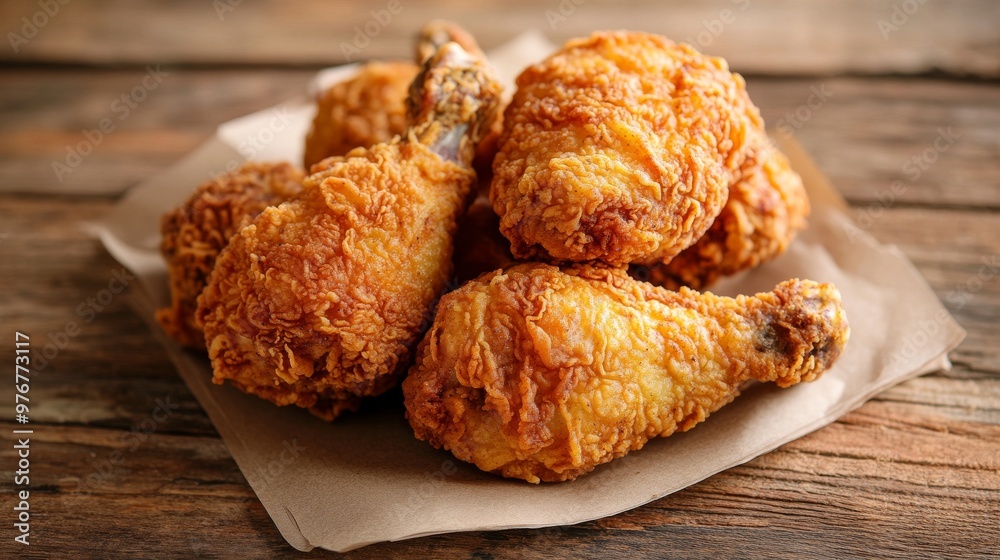 48. Detailed shot of several pieces of golden, crispy fried chicken, placed on a rustic wooden table, emphasizing the rich color and texture 48. Detailed shot of several pieces of golden, crispy fried chicken, placed on a rustic wooden table, emphasizing the rich color and texture