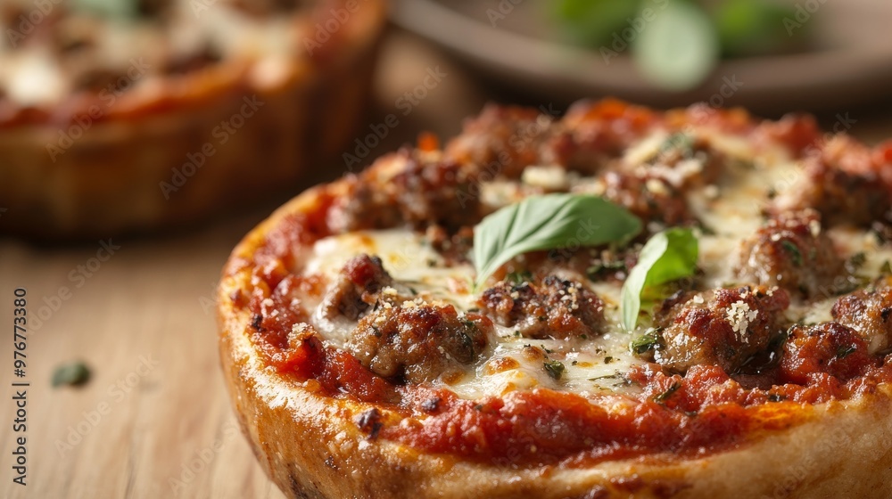 56. Close-up of a mini Chicago-style deep-dish pizza loaded with melted cheese, sausage, and a rich tomato sauce, garnished with fresh basil 56. Close-up of a mini Chicago-style deep-dish pizza loaded with melted cheese, sausage, and a rich tomato sauce, garnished with fresh basil