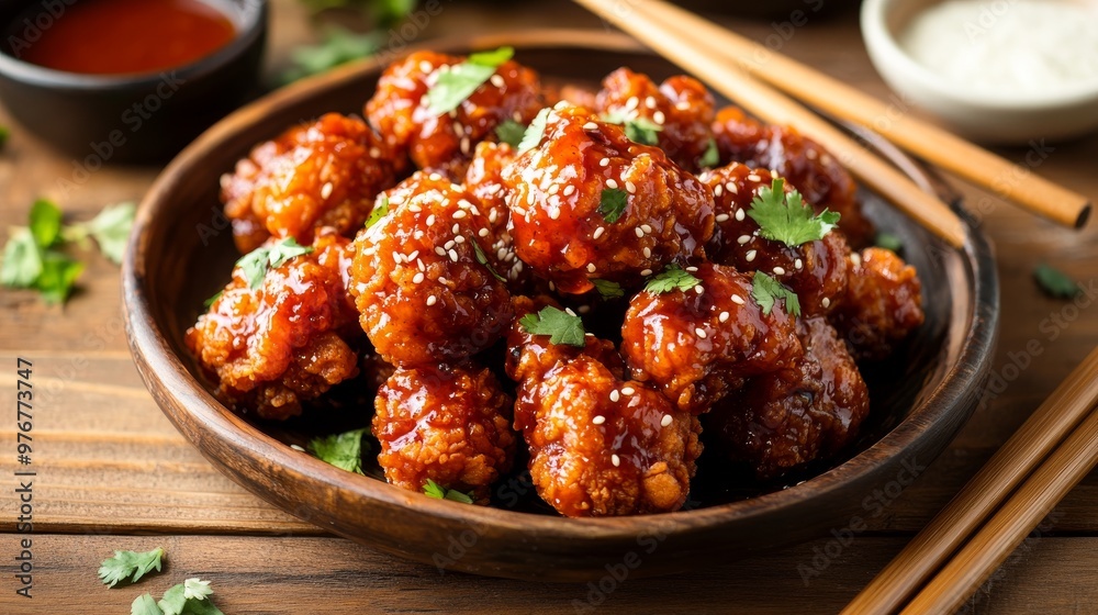 65. Platter of Korean fried chicken with spicy sauce, garnished with fresh herbs and sesame seeds, set on a wooden table with chopsticks and dipping sauce 65. Platter of Korean fried chicken with spicy sauce, garnished with fresh herbs and sesame seeds, set on a wooden table with chopsticks and dipping sauce