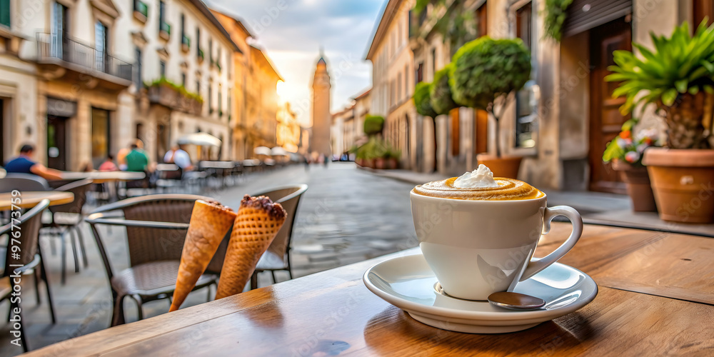 Cup of cappuccino and cornetto on outdoor table at a cafe in Florence, Italy, Florence, Italy, Centro Storico, cafe Cup of cappuccino and cornetto on outdoor table at a cafe in Florence, Italy, Florence, Italy, Centro Storico, cafe