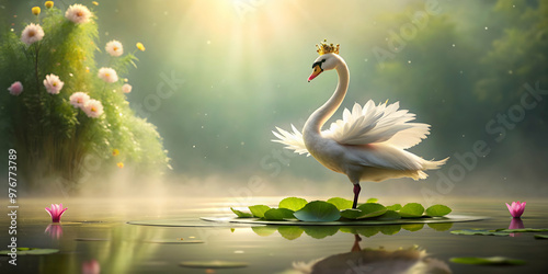 Fototapeta Naklejka Na Ścianę i Meble -  Cute swan ballerina in tutu and tiara dancing gracefully on lily pad, Swan, ballerina, tutu, tiara, dancing, graceful, lily pad