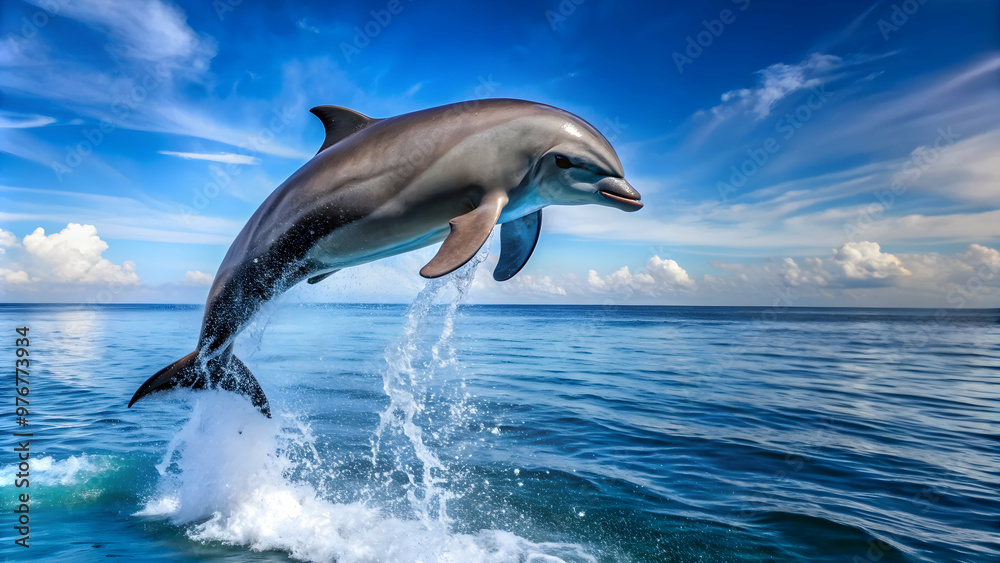 Fototapeta premium Dolphin jumping out of the water, showcasing its grace and agility, dolphin, marine life, aquatic mammal, water, wildlife, ocean, nature
