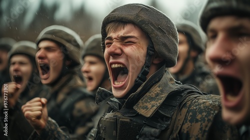 A group of young soldiers in military uniforms are shouting and cheering during training