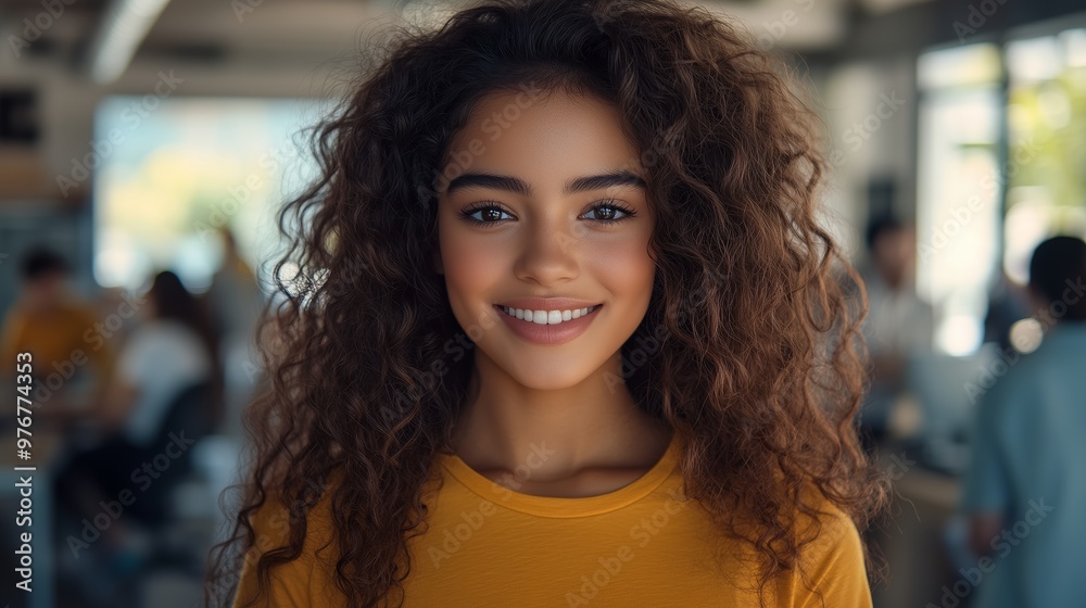 A young woman with curly hair wearing a yellow t-shirt smiling in the office A young woman with curly hair wearing a yellow t-shirt smiling in the office
