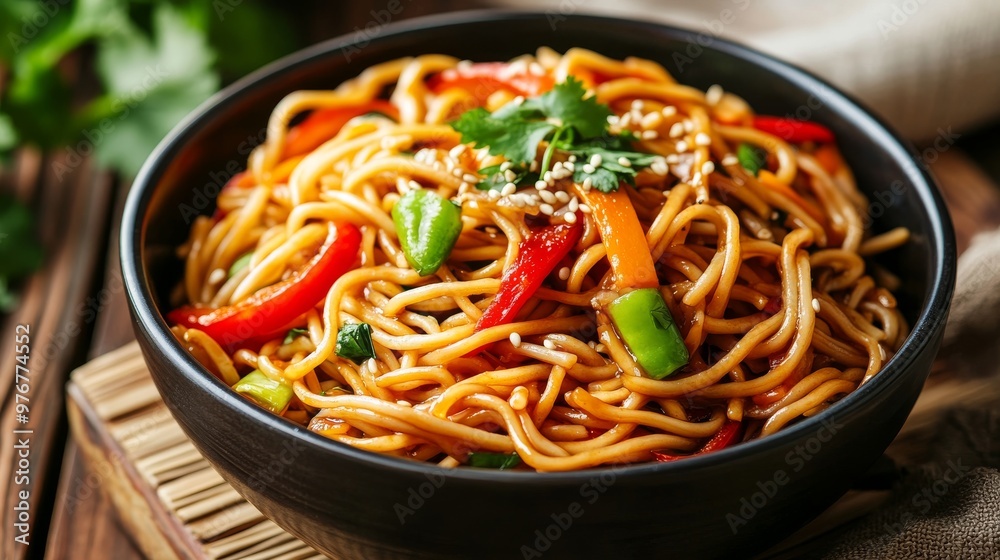 85. Delicious stir-fried yakisoba noodles with colorful vegetables, served in a bowl and garnished with sesame seeds and fresh herbs, on a wooden background 85. Delicious stir-fried yakisoba noodles with colorful vegetables, served in a bowl and garnished with sesame seeds and fresh herbs, on a wooden background