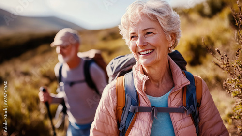 Elderly couple smiling while hiking on a scenic trail enjoying the outdoors photo