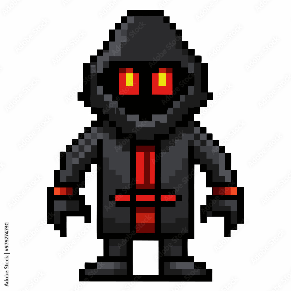 Obraz premium 8 Bit Hooded Character with Red Glowing Eyes in Black Outfit on White Background