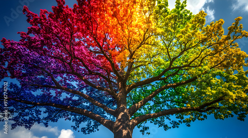 A tree whose trunk and branches are painted in rainbow colors, with each branch representing a different color