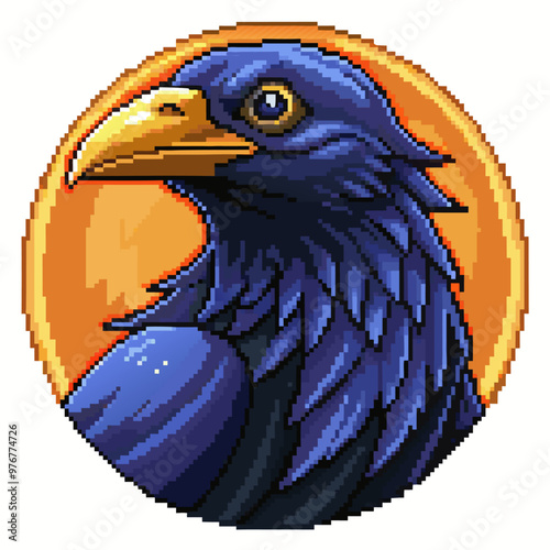 Pixel Art Blue Bird with Yellow Beak in Circular Frame on Orange Background