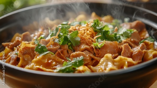 96. Close-up of a steaming bowl of Bakmie Khek, featuring tender Hakka pork slices, egg noodles, and fresh greens, garnished with fried shallots and cilantro photo