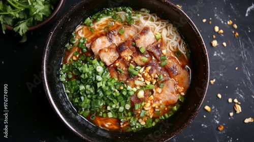 97. High-angle view of a bowl of Hakka Pork Noodle Soup, showcasing succulent pork, springy noodles, and vibrant green vegetables, with a sprinkle of fried garlic and green onions