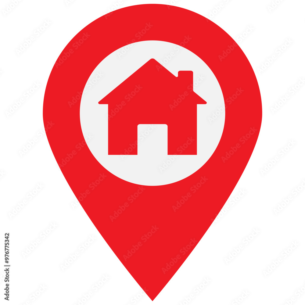 Location pointer with a house icon on it. Red map marker representing home location. Vector icon for apps, UI or web design