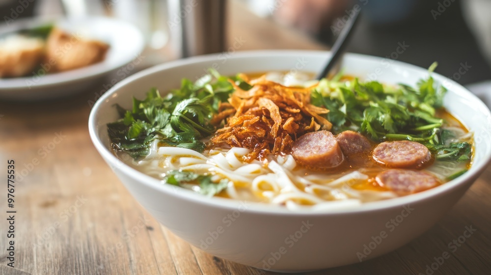 110. Close-up of a hearty bowl of rice noodle soup with Vietnamese sausage, accompanied by fresh greens and crispy onion topping, set on a wooden table 110. Close-up of a hearty bowl of rice noodle soup with Vietnamese sausage, accompanied by fresh greens and crispy onion topping, set on a wooden table