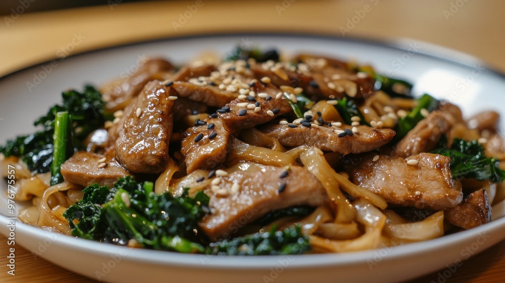 111. Close-up of a plate of stir-fried rice noodles with succulent pork slices, fresh kale, and a rich black soy sauce, garnished with sesame seeds 111. Close-up of a plate of stir-fried rice noodles with succulent pork slices, fresh kale, and a rich black soy sauce, garnished with sesame seeds