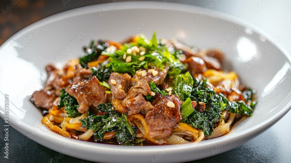 112. High-angle view of a dish of stir-fried rice noodles, featuring tender pork, vibrant kale, and a savory black soy sauce, served on a white plate 112. High-angle view of a dish of stir-fried rice noodles, featuring tender pork, vibrant kale, and a savory black soy sauce, served on a white plate
