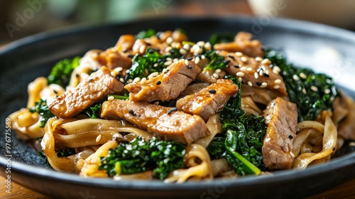 111. Close-up of a plate of stir-fried rice noodles with succulent pork slices, fresh kale, and a rich black soy sauce, garnished with sesame seeds