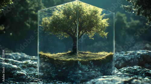 A tree trapped inside a transparent cube, symbolizing nature's confinement photo