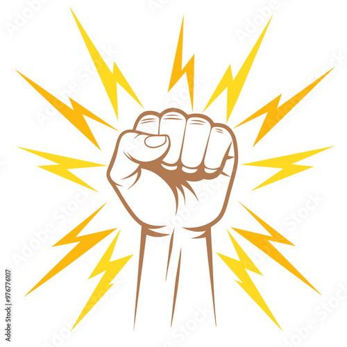 Protest fist with lightning. People protesting for human rights, equality anti-discrimination movement. Clenched fist raised up. Gym logo. Vector illustration.