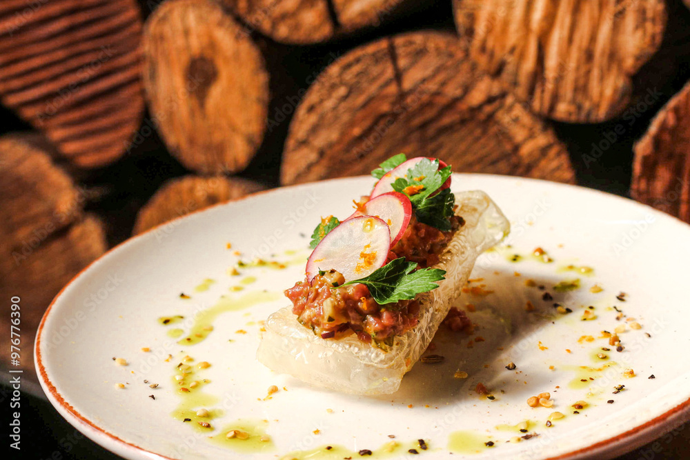 Wagyu steak tartare places on a clear rice cracker with fresh colourful vegetables and salad. Herb infused olive oil drizzled around the white textured plate. A rustic log wood background. Wagyu steak tartare places on a clear rice cracker with fresh colourful vegetables and salad. Herb infused olive oil drizzled around the white textured plate. A rustic log wood background.