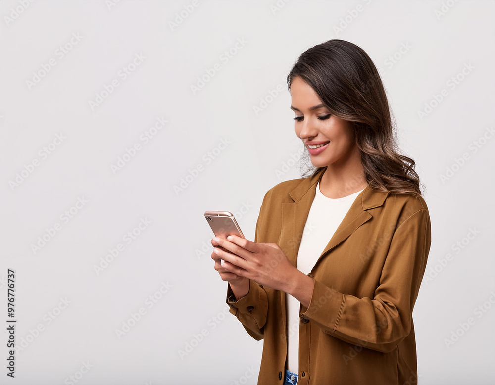 mujer mirando su teléfono celular en fondo blanco mujer mirando su teléfono celular en fondo blanco