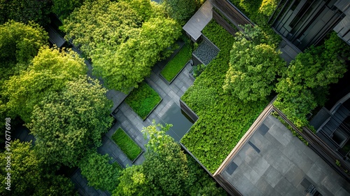 Aerial shot capturing lush hidden green spaces amidst an urban landscape