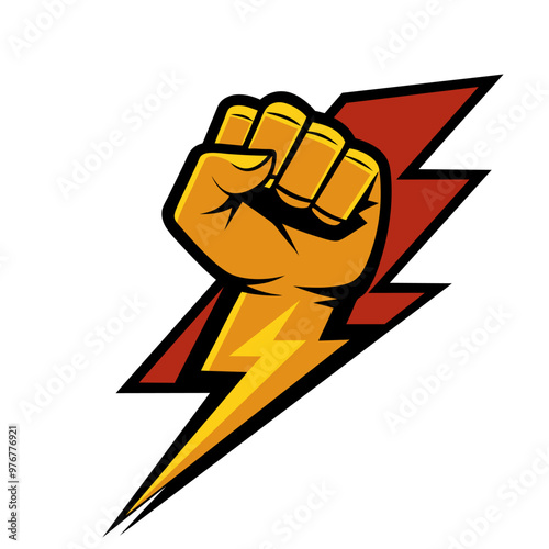 Protest fist with lightning. People protesting for human rights, equality anti-discrimination movement. Clenched fist raised up. Gym logo. Vector illustration.