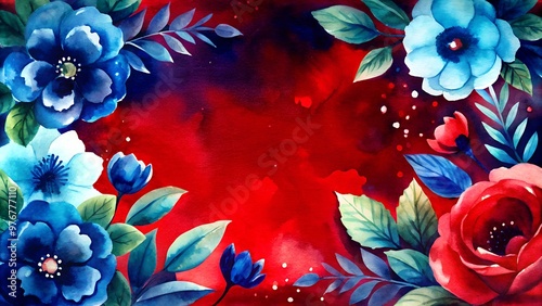 Illustration watercolor floral frame flowers red and blue color with green leaves and red background.