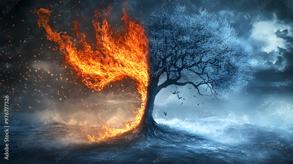 Fototapeta premium One half of the tree is made of flames, and the other half is frozen, showcasing duality
