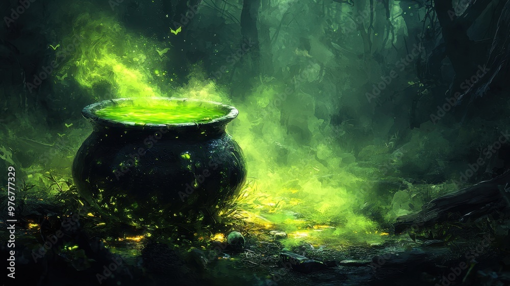 A witch's cauldron bubbling with green potion in a dark, mysterious forest A witch's cauldron bubbling with green potion in a dark, mysterious forest