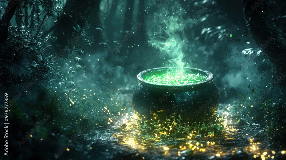 A witch's cauldron bubbling with green potion in a dark, mysterious forest A witch's cauldron bubbling with green potion in a dark, mysterious forest