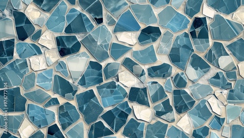 Abstract background. Windows wallpaper. A pattern shapes in shades of blue and cream, resembling broken ceramic pieces with intricate patterns, creating an artistic mosaic effect on the wall surface.