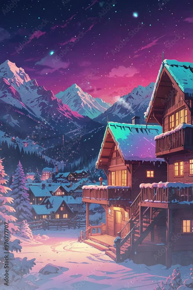 A snow-covered wooden chalet with a balcony and porch steps under a starry night sky with a mountain backdrop. A snow-covered wooden chalet with a balcony and porch steps under a starry night sky with a mountain backdrop.