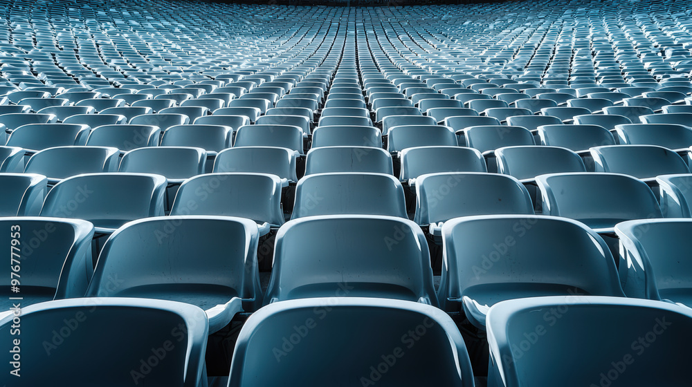 Fototapeta premium image showcases vast array of empty stadium seats, creating sense of depth and perspective. cool blue tones enhance tranquil atmosphere of scene