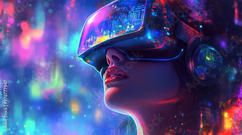 Intricate Digital Illustration of a Girl in VR Glasses with Colorful Lights, Cyberpunk Technology Atmosphere