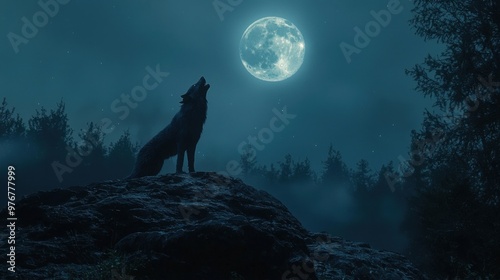 A werewolf howling at the moon on a rocky hilltop