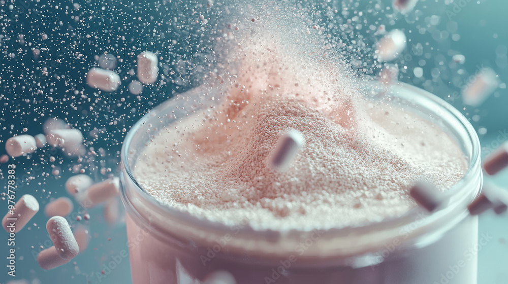 Fototapeta premium Protein powder dissolving in container, showcasing its fine texture and surrounding capsules. This image highlights benefits for digestive system, creating dynamic and engaging visual