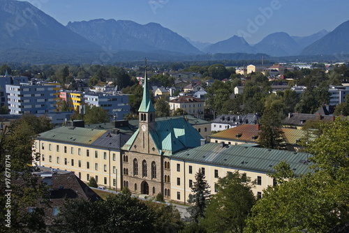 View of Retirement Home Herz-Jesu-Heim from Mönchsberg in Salzburg, Austria, Europe
